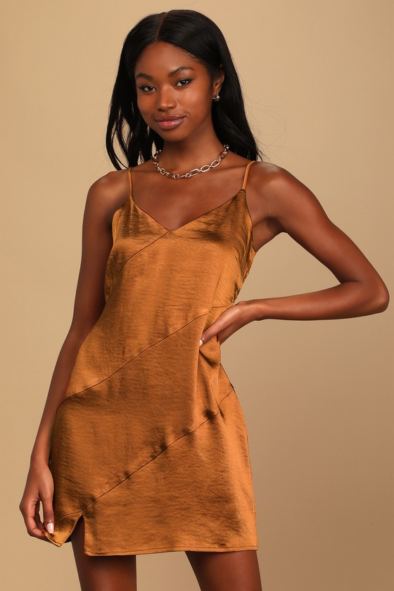 Brown Satin Dress - Satin Mini Dress ...